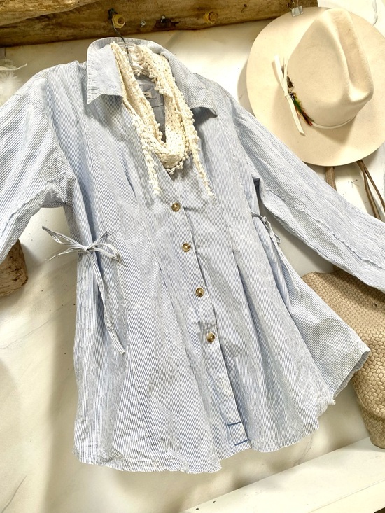 Free People Marten Oxford Stripe tie dye rustic vibe blouse w Tie-Back - Picture 8 of 14